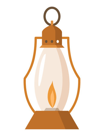 Vintage camping lantern or oil lamp. Handle gas lamps for tourist hiking. Flame glow camp fuel burn isolated on white backgroundのイラスト素材