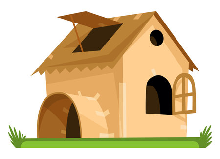 Cardboard house building. Kids game home. New house, real estate concept. Box building for kids playing. Big toy constructions. Vector illustration in flat styleのイラスト素材