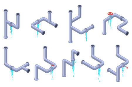 Leaking pipes isometric set. Broken pipe tube with leaking water. Plumbing construction pipeline with damage element. 3d industrial water systemのイラスト素材