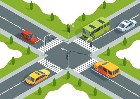 City crossroad isometric view with road markings, traffic lights pedestrian zebra crossing and cars. Urban traffic map with transport, vector graphic design elementsのイラスト素材