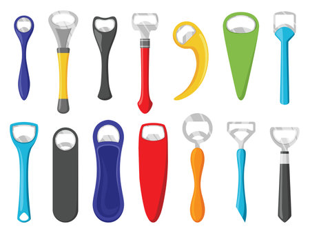 Bottle openers. Vector cartoon icon set. Tool for open isolated on white background. Flat style signsのイラスト素材