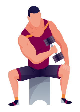 People at sport gym. Male character with kettlebell. Healthy and active lifestyle, vector in flat style. Sport exercise, fitness for bodyのイラスト素材
