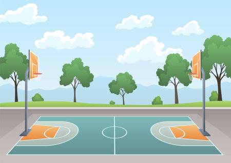 Basketball court. Urban concept landscape with playground, athletic field with backboard, basket and ring. Background with green trees, vector illustrationのイラスト素材