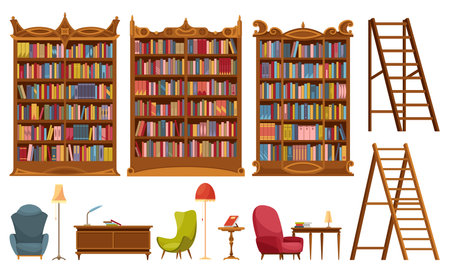 Library furniture interior with bookcases, book shelves. Interior luxury library with wooden furniture. Vintage furniture and wooden cabinet racks. Cozy place for litareture collectionのイラスト素材