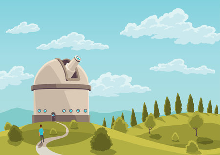 Space observatory landscape. Cartoon astronomical building in nature scene. Structure containing telescopes and auxiliary instruments. Observatory flat color vector illustrationのイラスト素材