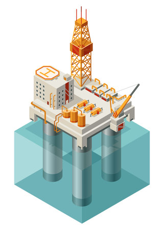 Oil gas platform isometric icon composition in water. Offshore mining elements of depot petroleum products with drilling rig platform. Facilities for extraction from under the sea bed depositsのイラスト素材