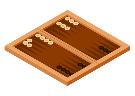Board game, flat isometric view. Isolated colored icon of backgammon. Cartoon family table game for adults and kids for leisure and recreation. Vector illustrationのイラスト素材