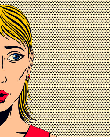 Gossip girl whispering in pop art style. Emotional pretty woman trying to tell or announcing secret message. Beautiful lady, color vector illustrationのイラスト素材