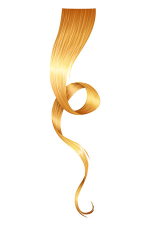 Shiny blond woman hair. Haircut, hair care and beauty salon, realistic locks of long wavy blonde. Beautiful healthy female hair with shining surfaceのイラスト素材