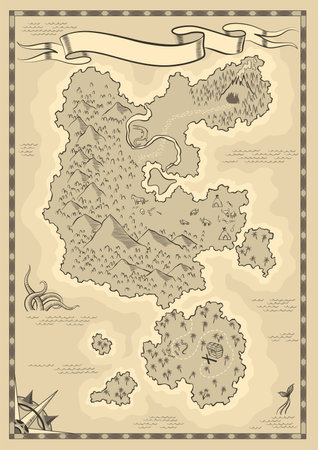 Old antique treasure map. Cartoon island map template for next level game - adventures quest or treasure hunt. Pirate grunge map. Hand drawn vintage vector illustrationのイラスト素材