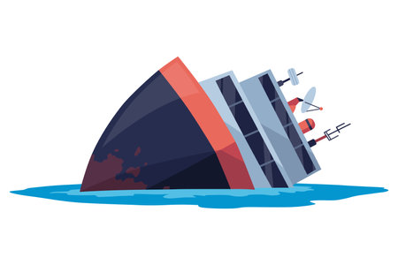 Damaged ship. Crash or accident in sea. Marine catastrophe. Cargo ship sinking in flat design. Vessel failure, rescue problem nautical transportationのイラスト素材