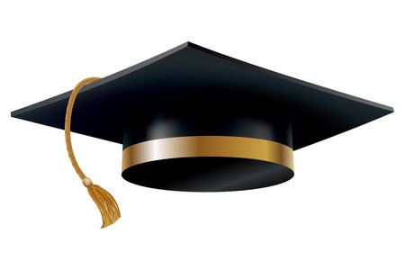 Graduation cap. Black educational student hat with golden tassel. Element for degree ceremony and educational programs design. College, high school or university cap isolated on white backgroundのイラスト素材