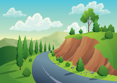 Summer road landscape with green hills, blue sky, meadow and mountains. Straight empty road through the countryside. Cartoon vector wallpaper in minimal style designのイラスト素材