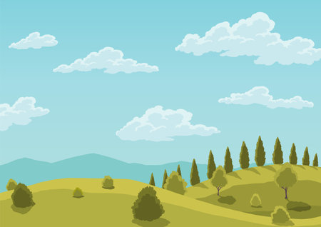Nature landscape in cartoon style. Beautiful spring hills with trees, green grass and blue sky with white clouds. Flat vector landscape background templateのイラスト素材