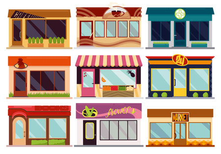 Facades stores or shops exteriors. Pharmacy or bistro cafe, retail. Street business buildings fronts isolated on white background. Colorful vector illustration in cartoon flat styleのイラスト素材