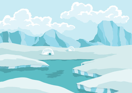 North pole arctic. White drifting and melting glacier in ocean, snow mountains iceberg polar winter season cartoon vector illustrationのイラスト素材