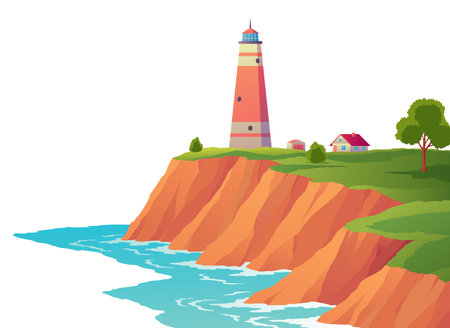 Lighthouse sea landscape. Nautical navigation tower on rocky coast. Ocean beach with beacon and building on cliff. Vector colored flat cartoon illustration of seascapeのイラスト素材