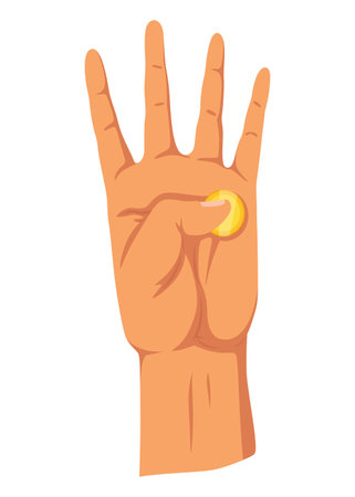 Hand with coins. Money donation, charity or investment. Coins or cash in hand. Colorful flat vector illustration with isolated on whiteのイラスト素材