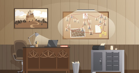 Detective office interior. Crime and criminal evidence. Wall board, wits and deduction system. Vector flat style cartoon illustration isolated on white backgroundのイラスト素材