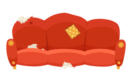 Broken sofa icon. Torn old couche for living room isolated on white background. Damaged indoor old furniture messy seat of sofa. Vector interior object in cartoon styleのイラスト素材