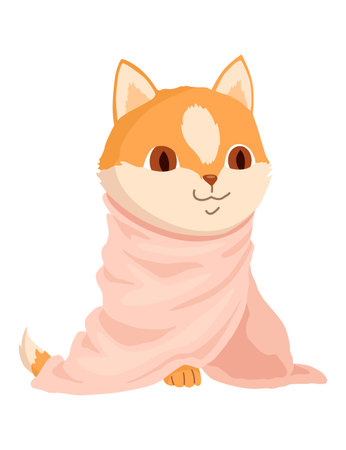 Cat character in blanket. Cartoon drawing of adorable comic domestic animal in warm clothing isolated on white background. Vector illustrationのイラスト素材