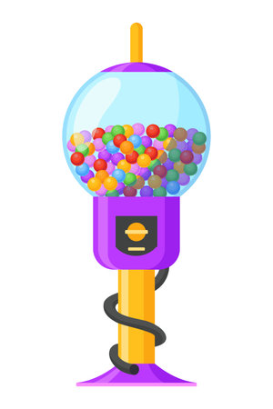 Gumball machine icon. Transparent round glass candy dispenser with colorful bubble gum. Vending machine. Container sweets balls penny coin. Vector illustration isolated on whiteのイラスト素材