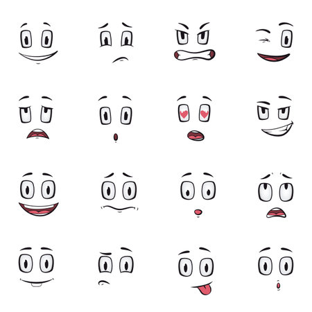 Cartoon faces. Funny face expressions, caricature emotions. Cute character with different expressive eyes and mouth, vector smileys emoticons happy tongue emoticon collectionのイラスト素材