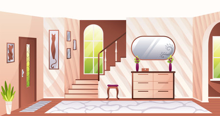 House hallway interior design with stairs. Vector cartoon illustration of large light hall, entrance door, window, staircase, floor mat, framed abstract pictures on wall. Cozy home, luxury apartmentのイラスト素材
