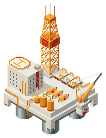 Oil gas platform isometric icon composition. Offshore mining element of depot petroleum products with drilling rig platform. Item for extraction from under the sea bed depositsのイラスト素材
