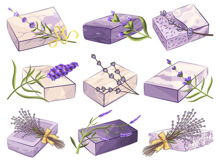 Lavender soap bar with lavender flower. Handmade natural soap bar set. Fragrant herb for cosmetics and skincare. Herbal bodycare promote. Aromatherapy and skin hygiene, eco herbal cosmetics for bathのイラスト素材