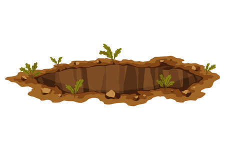 Hole ground. Works digging of sand coal waste rock or gravel. Brown, dry mine element of landscape. Cartoon illustrationのイラスト素材