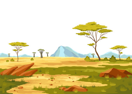 African savannah landscape, wild nature of Africa, cartoon background with green tree, rocks and plain grassland field under blue clear sky. Kenya panoramic view, parallax scene, Vector illustrationのイラスト素材