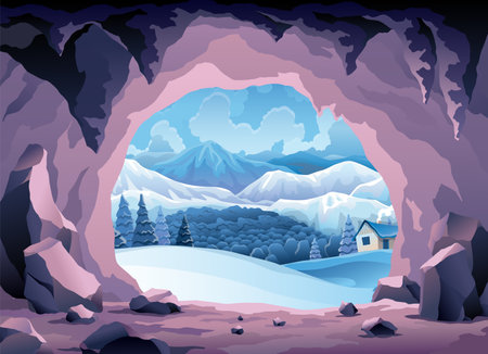 Cave landscape. Winter nature scene of cave entrance. Prehistoric dungeon, rock cavern game illustration. Vector illustration of tunnel in mountain or mine in rocksのイラスト素材