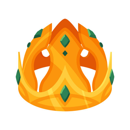 Isometric golden crown. Royal gold headdress for monarch, king or queen with luxury colored gemstones. Vector 3d jewelry isolated on white backgroundのイラスト素材