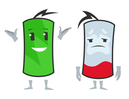 Low battery and full battery. Battery charge indicator icons. Discharged and fully charged battery. Accumulator indicator power level, vector illustrationのイラスト素材