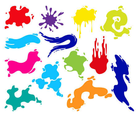 Color paint blots. Creative isolated paint brush strokes or spots. Ink smudge abstract shape stains set with texture. Grunge design elements. Collection of different dropsのイラスト素材