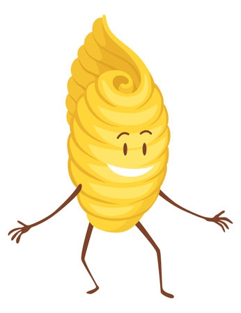 Doodle pasta character. Cute Italian wheat food. Pasta noodles character design. Menu decorative element. Vector meal illustrationのイラスト素材