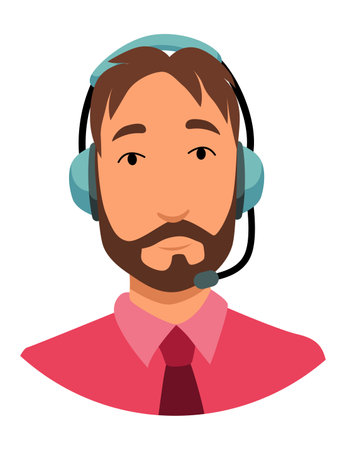 Call center operator avatar with headphone. Online support service assistant. Male customer help manager. Vector illustration of characterのイラスト素材