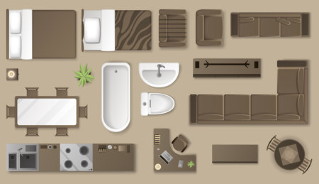 Interior furniture collection top view. Elements for living room, bedroom, kitchen, bathroom. Floor plan, view from above. Furniture store. Icons set of interior. Isolated vector illustrationのイラスト素材