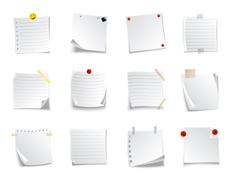 Lined sticky notes set. Blank note paper sheets. Information reminder. Notepads and memo messages, paper sheets. Vector illustrationのイラスト素材