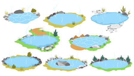 Japanese outdoor onsen pool with hot spring water vector illustration. Cartoon isolated traditional pond with rocks of spa resort in Japan, natural geothermal onsen bath for relax and bathingのイラスト素材