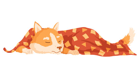 Dog character in blanket. Cartoon drawing of adorable comic domestic animal in warm clothing isolated on white background. Vector illustrationのイラスト素材