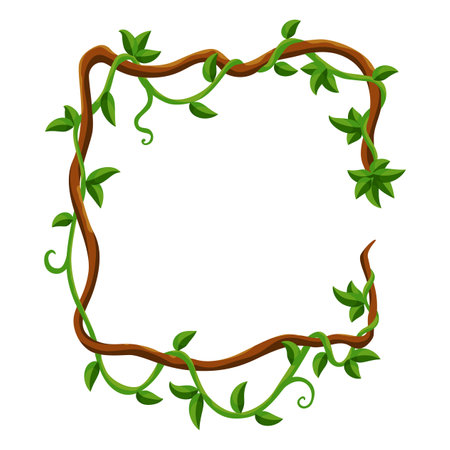 Liana jungle frame. Rainforest liana wild greenery. Cartoon plant, creeper branch. Grass and wood leaf sign. Botany texture. Vector forest game elementのイラスト素材