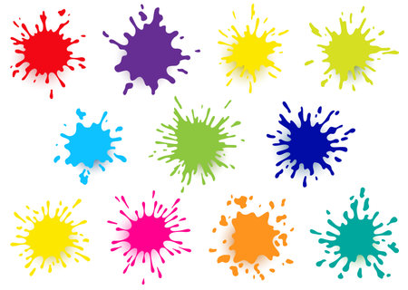 Color paint blots. Creative isolated paint brush strokes or spots. Ink smudge abstract shape stains set. Grunge design elements. Collection of different dropsのイラスト素材