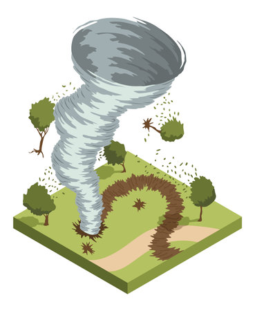 Hurricane whirlwind, tornado. Typhoon isometric concept. Vector illustrationのイラスト素材
