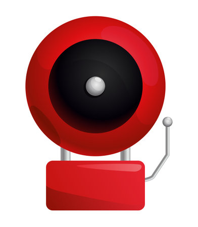 Red fire alarm system signal device isolated on white. Prevention, emergency, warning bell. Vintage signaling. Retro signalization. Firefighter equipment and tool. Vector cartoon illustrationのイラスト素材