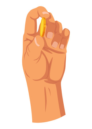 Hand with coins. Money donation, charity or investment. Coins or cash in hand. Colorful flat vector illustration with isolated on whiteのイラスト素材