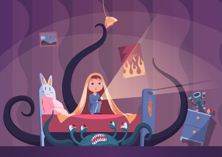 Childhood fears nightmares. Girl in dark room. Scared children sitting on bed and hiding from frightening ghost under blanket. Cartoon character isolated on white background. Vector illustrationのイラスト素材