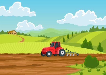Agriculture farming landscape. Countryside land. Tractor plowing the field on rural landscape background. Farm life, soil cultivation process. Vector cartoon illustrationのイラスト素材