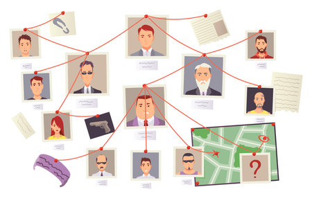 Detective board. Crime accident investigation or evidence board. Cops crime investigation plan, board with pinned photos. Vector cartoon illustration isolated on white backgroundのイラスト素材